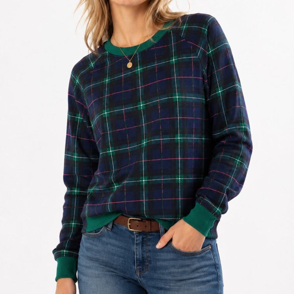 NWT Crown & Ivy Navy Plaid Bow Back Cotton Sweatshirt Plus Size 1X